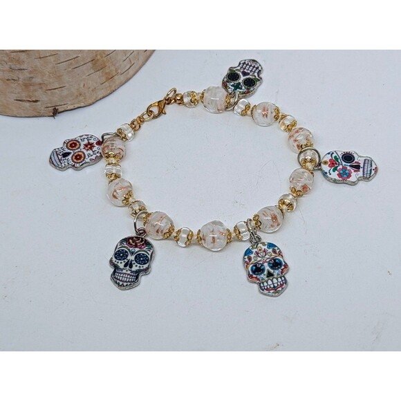 Day of the Dead Skull Charms Handcrafted Beaded Bracelet - Picture 1 of 3